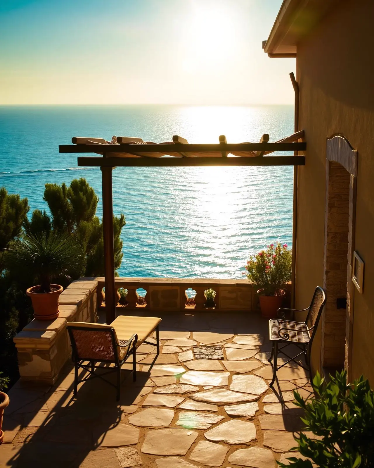 Stone terrace overlooking the Ionian sea at golden hour